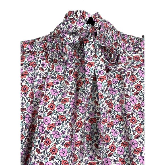 ZARA Cotton Smock Ruffle Floral Print Poplin Blouse Shortsleeve Elastic S Pink - Picture 9 of 12